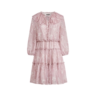 阔色粉色碎花裙长袖连衣裙25秋季新款女法式收腰雪纺裙短裙子夏