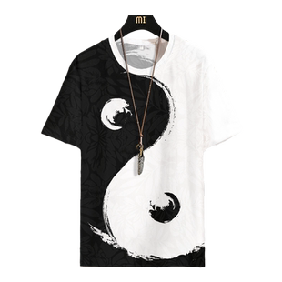 国潮短袖T恤男士太极图案半袖大码衣服夏季薄款八卦上衣冰丝体恤