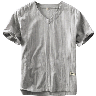 V领休闲亚麻短袖衬衫男士棉麻衬衣防晒透气薄款宽松t恤麻布上衣