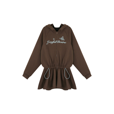 安妮不火银狐绒抽绳收腰印花连帽卫衣裙女微胖大码设计感长款卫衣