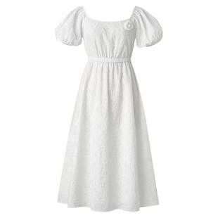 【清仓】糖力 法式茶歇裙小白裙 夏季短袖方领高腰中长款连衣裙女