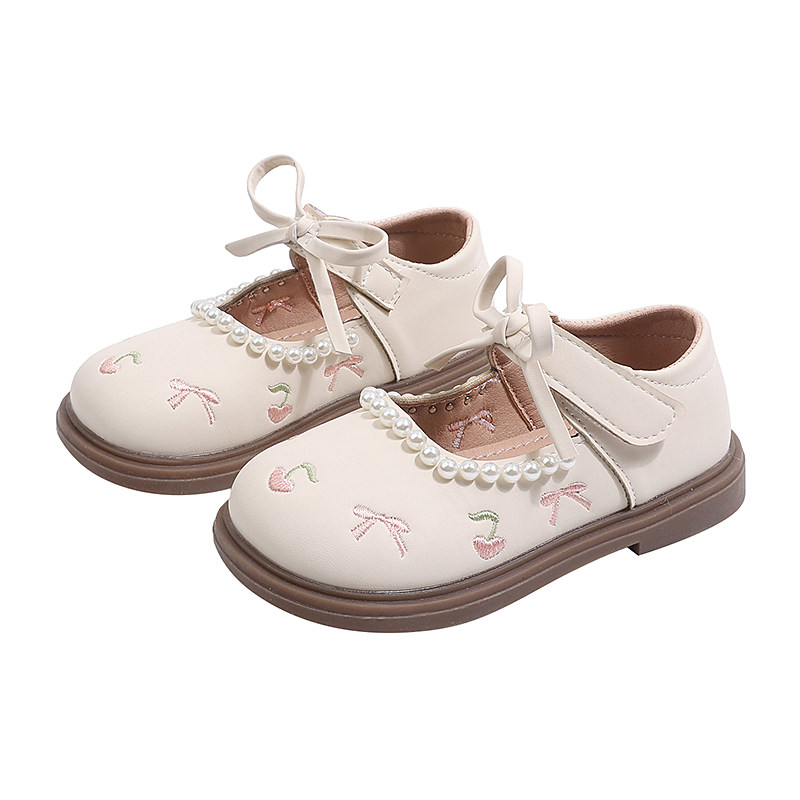 女童国风刺绣珍珠蝴蝶结公主鞋