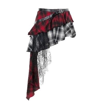 亚文化哥特黑白格子不规则半身裙辣妹拼接蕾丝百褶低腰荷叶边短裙