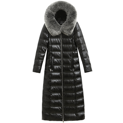 加厚冬季过膝狐狸毛领真皮羽绒服