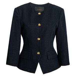 罗衣藏青色收腰高端小西装上衣女春通勤修身圆领高级短外套10105