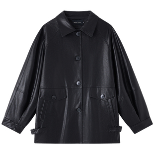 Halo Luu 黑色翻领加绒皮衣外套女秋冬新款宽松高级感中长款夹克