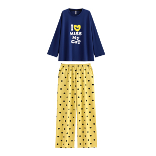 悦内睡衣女春秋款秋季纯棉长袖新款家居服大码时尚休闲圆领爱心猫