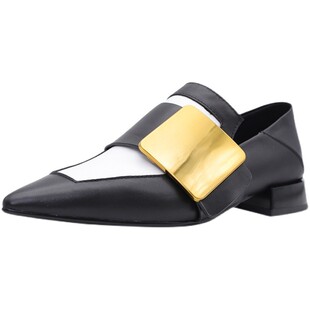 步享时光~法式高街~英伦复古尖头低跟单鞋金属方扣拼色软底乐福鞋