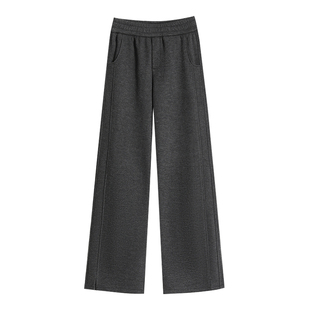 毛呢窄版阔腿裤女开叉人字纹直筒裤子休闲裤高腰秋冬加绒加厚