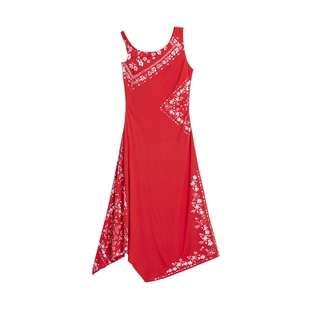 Desigual不对称吊带红色丝巾印花不对称下摆连衣裙