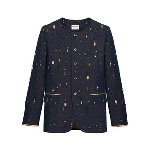 日冕 复古水洗破洞手工木珠宽松无领西装外套 山谷少年原创设计