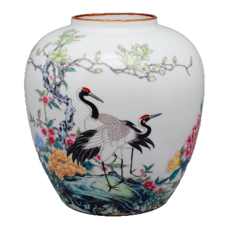 仿清代光绪粉彩釉松鹤紫边坛茶叶罐家居装饰品收藏摆件仿古瓷器