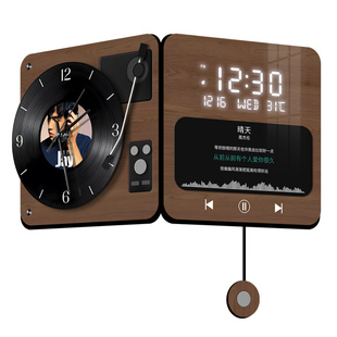 复古双面转角挂钟家用客厅万年历电子钟表黑胶唱片高级感拐角时钟