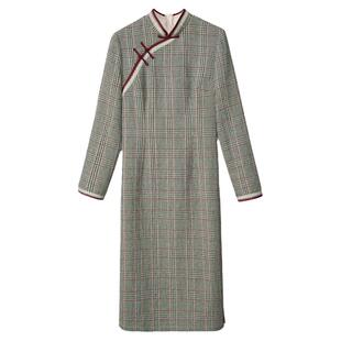 固执秋冬季年轻款少女感民国复古通勤改良版高端格子旗袍连衣裙女