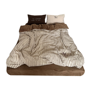 毛线狗|ins博主同款简约咖色条纹加厚仿羊绒四件套1.8冬天牛奶绒