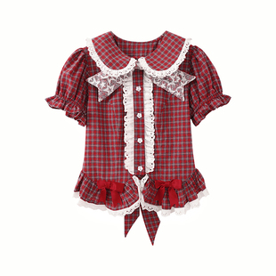 MEME原创 昭和复古甜美可爱小众衬衫  Lolita红格子短袖上衣夏季