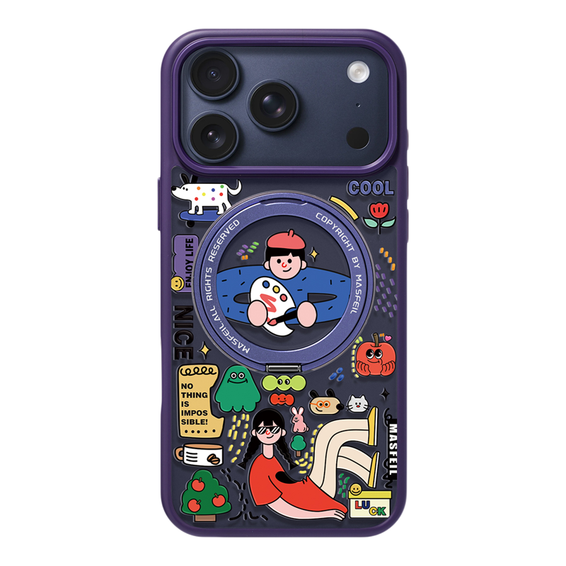 MASFEIL × 集市涂鸦适用苹果17promax手机壳iPhone16pro新款带支架ip15全包女Fo5磁吸支点可爱高级感紫色套