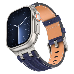 适用Apple Watch11se3ultra帆布牛仔皮表带苹果手表78910ap金属男