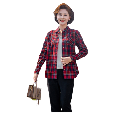格子纯棉衬衫女妈妈装