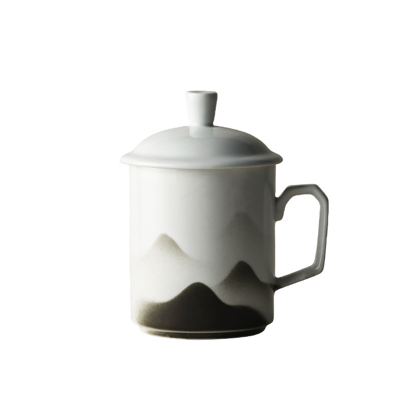 九土复古手绘水墨远山水杯创意带盖陶瓷泡茶杯办公室马克杯杯子