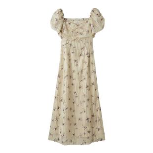 SNIDEL2025春夏新品优雅淑女泡泡袖亮片雪纺印花连衣裙SWFO251088