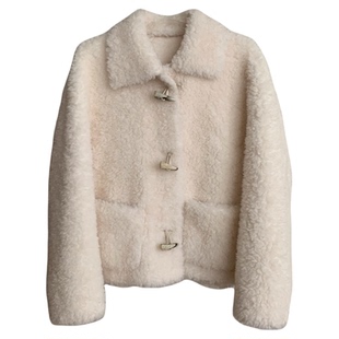 韩系牛角扣小方领短款 100羊羔毛皮毛一体2025新款皮草毛毛外套女