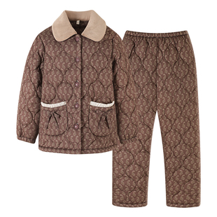 睡衣女冬季三层加厚加绒梭织纯棉夹棉中老年妈妈秋冬珊瑚绒家居服