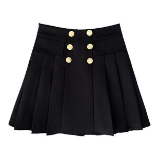 大码半身裙胖mm女百搭高腰防走光学院风a字裙双排扣百褶裙短裙子