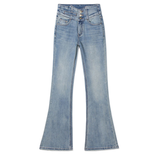 三排扣浅色高腰喇叭牛仔裤女2026年早春新款弹力修身显瘦微喇长裤