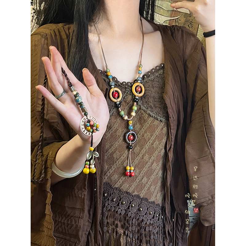 复古波西米亚风陶瓷项链女新中式异域民族风禅意长款毛衣链配饰品