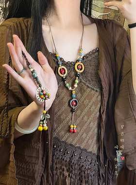 复古波西米亚风陶瓷项链女新中式异域民族风禅意长款毛衣链配饰品