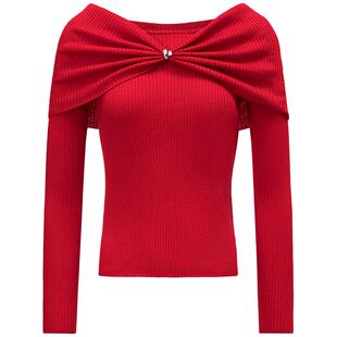 FF仿佛针织衫2025冬季新款法式复古一字肩设计感女修身长袖打底衫