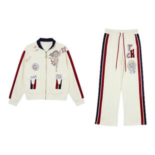 TCH美式街头撞色条纹烫钻立领短外套阔腿裤休闲套装女T78A07E1102