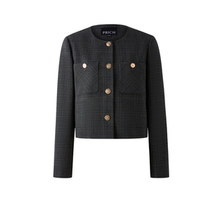 PRICH时尚复古小香风羊毛格纹西装冬季新款气质优雅短外套女