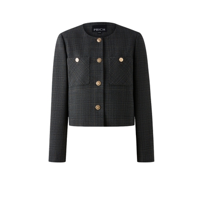 PRICH时尚复古小香风羊毛格纹西装冬季新款气质优雅短外套女