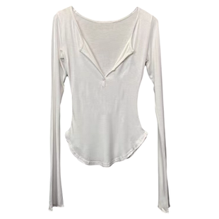 收腰修身纯欲夜店性感上衣超低V领显胸长袖白t恤女秋季新款打底衫