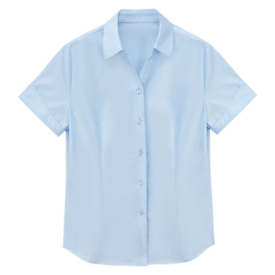 蓝色衬衫女短袖职业工装v领白衬