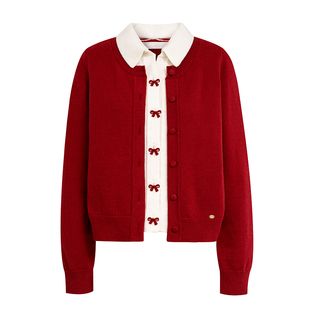 Kroche 圣诞新年 厚实羊毛混纺 蝴蝶结撞色假三件针织衫毛衣