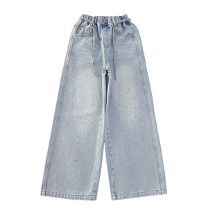 爆闪满天星牛仔裤女童加绒裤子大童初中生洋气烫钻长裤网红休闲裤