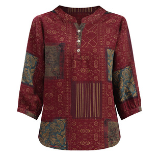 新款棉麻印花T恤小衫春秋复古妈妈装小V领宽松民族风七分袖上衣女