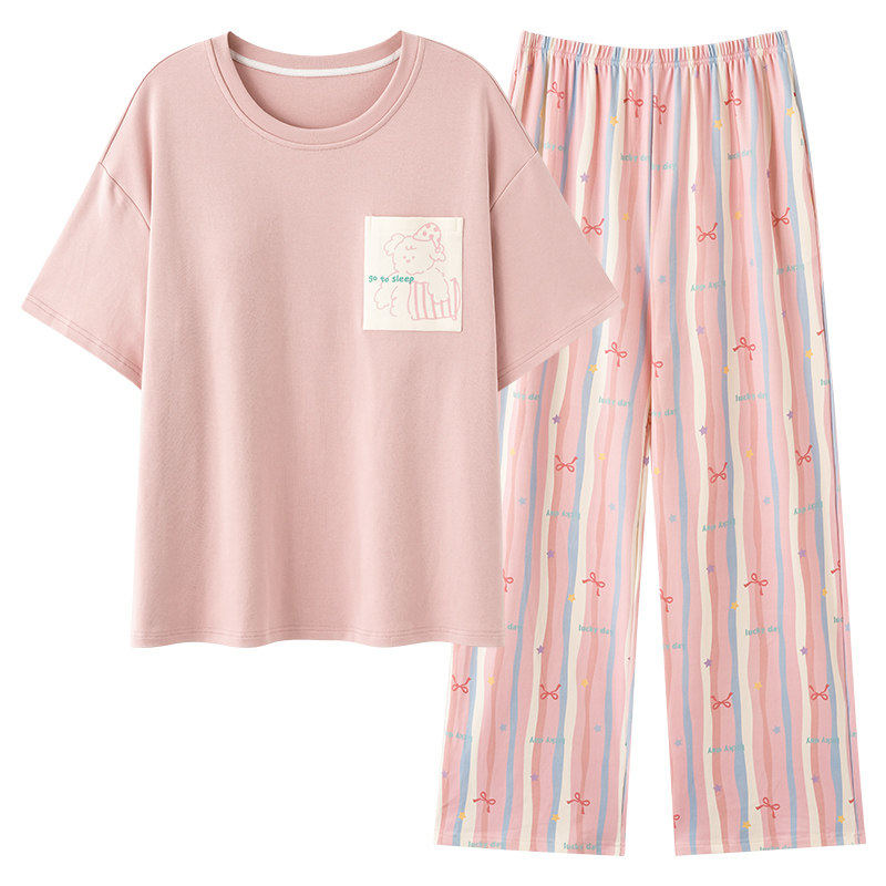 纯棉睡衣女夏季短袖带胸垫家居服