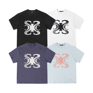 ics丨iconslab美式复古短袖渐变做旧字母破洞落肩袖宽松T恤上衣