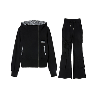 【花影日刊】Uena黑色蕾丝花边连帽卫衣多口袋绑带微喇休闲裤套装
