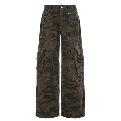 WEEKEEP 美式街头工装风大口袋迷彩牛仔裤女低腰宽松阔腿长裤跳舞