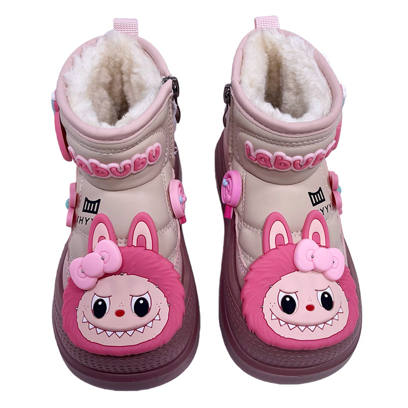 拉布布女童皮毛一体雪地靴2025新款冬季保暖棉鞋加绒女孩公主冬靴