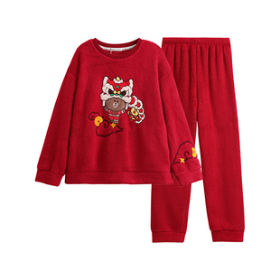 芬腾情侣睡衣珊瑚绒秋冬季女士套装布朗熊红色本命年加绒家居服男