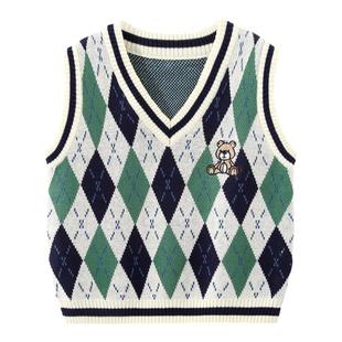 男童马甲纯棉春秋季韩版男孩菱格针织背心儿童洋气加绒坎肩3361