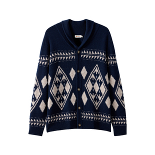 皮皮狗25秋冬新款男士青果领羊绒开衫菱形条纹撞色几何提花复古