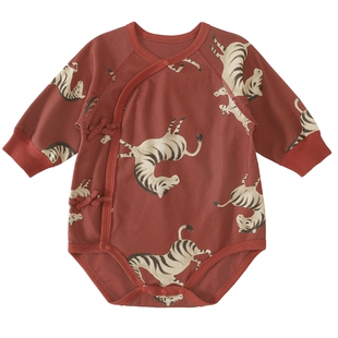 马宝宝婴儿衣服满月百天春秋纯棉连体衣红色国风新年新生儿包屁衣