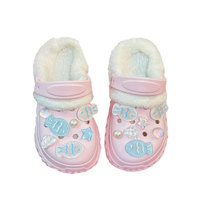 儿童洞洞鞋冬女外穿秋冬季女孩可拆卸好看的女童高级感防滑棉拖鞋